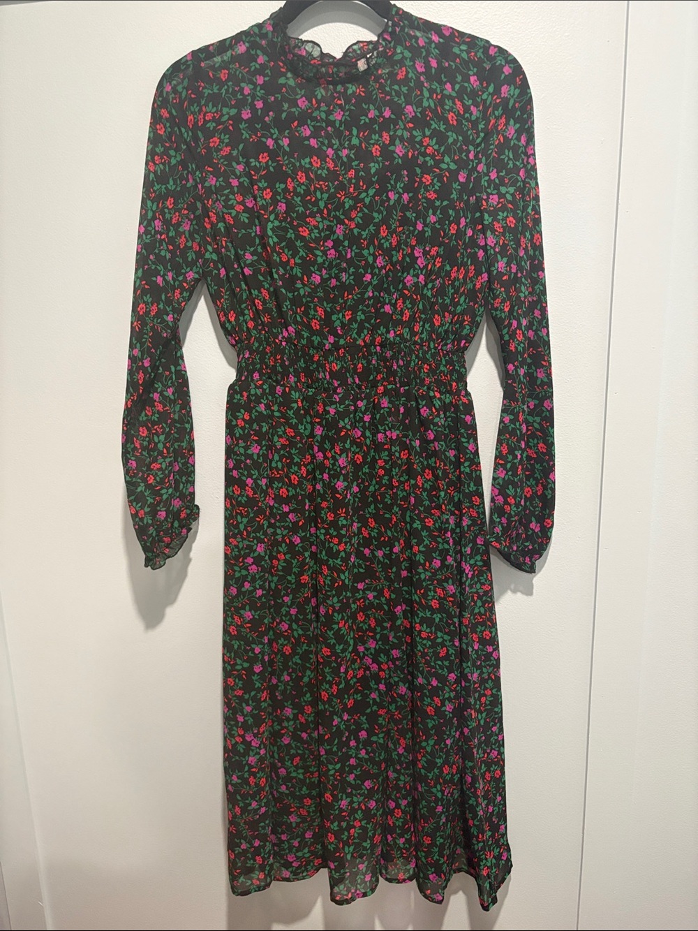 Ladies' Black Floral Midi Dress with Magenta & Red Blooms